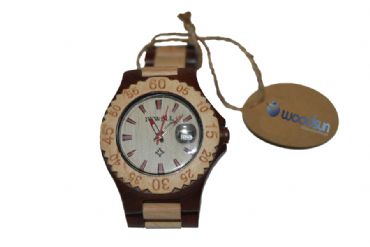 Reloj de madera redondo en dos tonalidades de madera natural clara y rojiza mujer