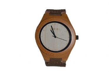 Reloj de madera redondo con madera clara y cuero mujer