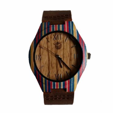 Reloj de madera redondo con madera multicolor y cuero unisex