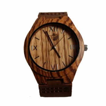 Reloj de madera redondo con madera de zebra y cuero unisex