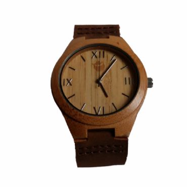 Reloj de madera redondo con madera de bamboo carbonize y cuero unisex